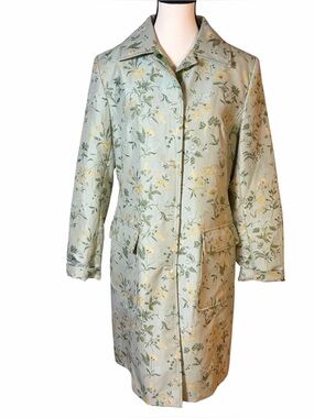 Vintage Gallery Floral Trench Coat Sage Green Raincoat Long Jacket Size M